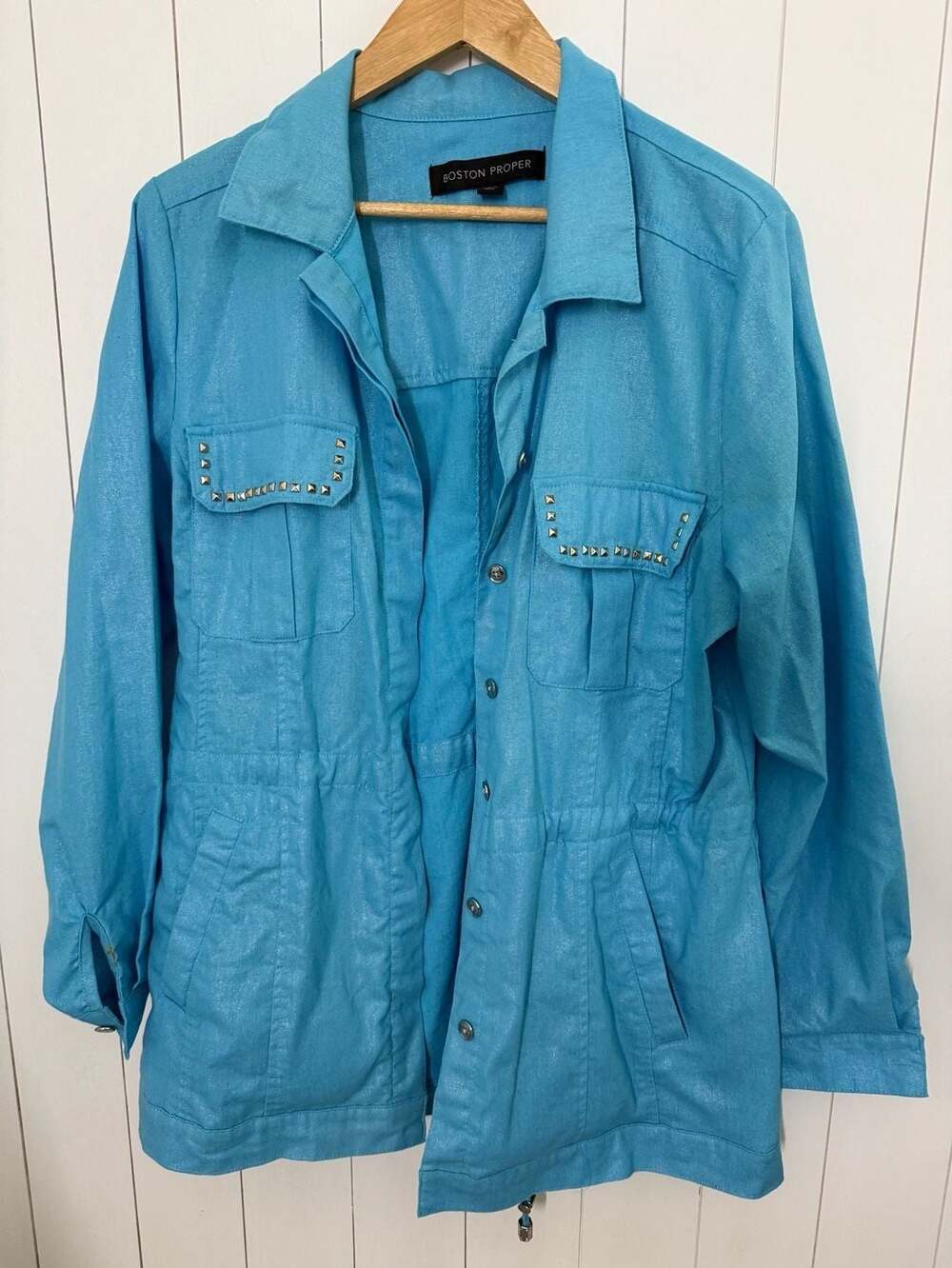 Boston Proper Jacket Size XL Blue Studded Linen Blend